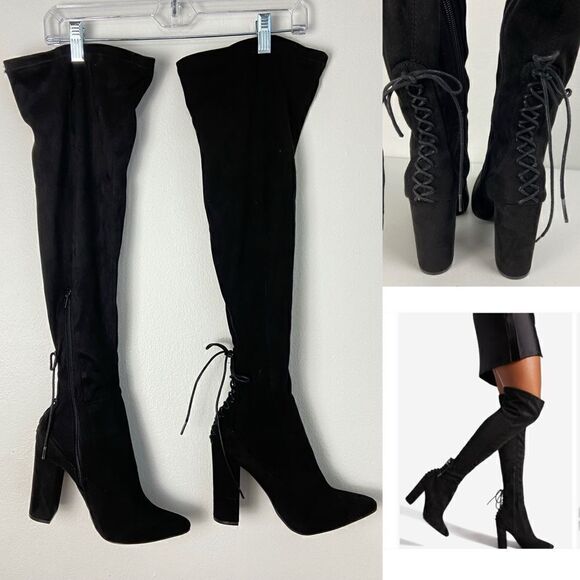 Shoe Dazzle Ivona Black Micro Suede Over the Knee Boots Grunge Streetwear Sz 8.5 - Picture 1 of 11